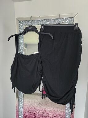 Black Ribbed Two-Piece Ruched Skirt & Tank Set